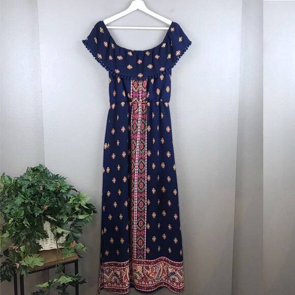 As U Wish Navy Ikat Pom Pom Tassel Maxi Dress Size XS - Picture 1 of 8